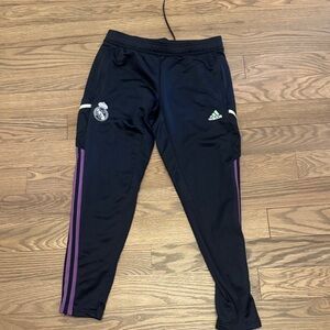 Adidas Black Joggers with Purple Stripes and Green Logo